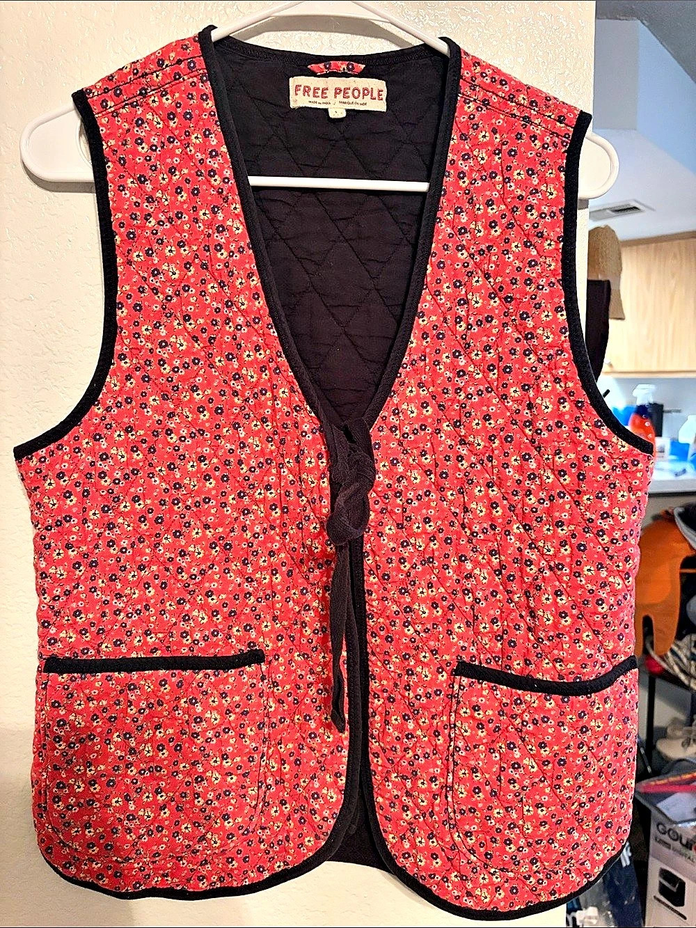 Free People Claudine Quilted Vest Floral Red & Black